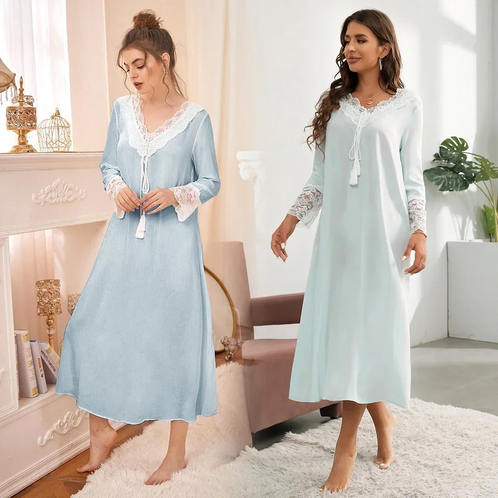 Long Nightgown Women Modal Home Dress V-Neck Solid Fashion Long Sleeves Night Gown Women New Autumn Winter Night Women Sleepwear