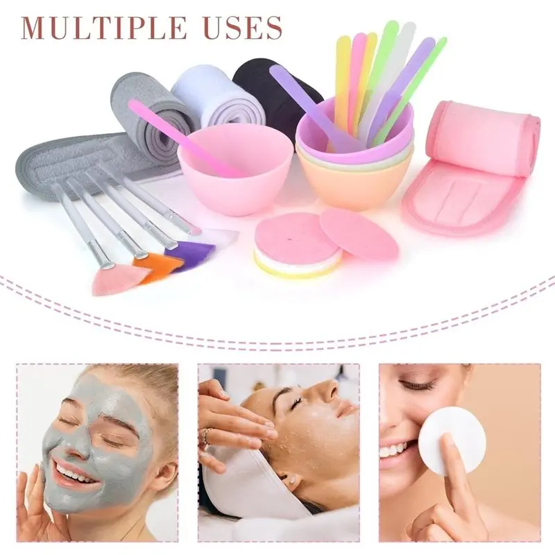 Facial Supplies Set For Estheticians:4 Silicone Bowls, 4 Headbands, 15 Compressed Sponges, 10 Spatulas, 4 Mask Fan Brushes