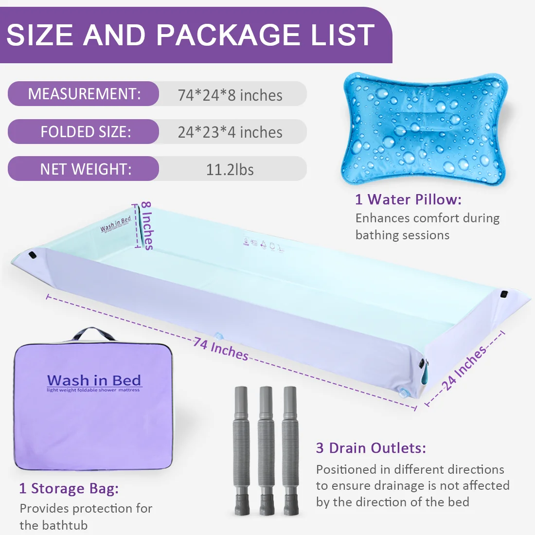 Ehucon Portable Bathtub Medical Patient Shower Mattress in Bed Foldable Washing System for Disabled Elderly Bedridden People