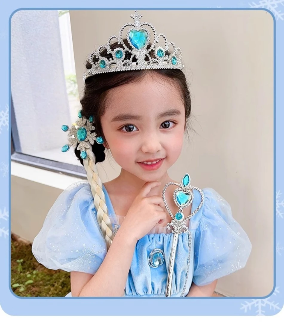 2pcs Children's Hair Accessories Ice Queen Princess Crown Headgear Girls Wig Braid Magic Wand Crown Headband Birthday Gift Set