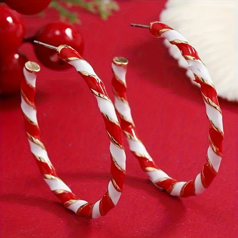 قصب الحلوى الأحمر الأبيض مخطط المينا الأطواق الكبيرة الملتوية، مجوهرات بيان لعيد الميلاد والحفلات والارتداء الدائري العام #1