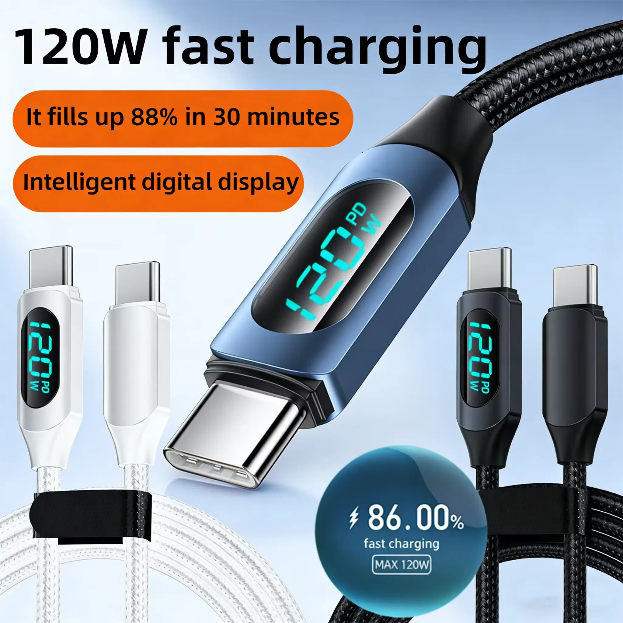 Câble de charge rapide USB vers Type C 120W PD avec affichage numérique LED pour iPhone 17/16 Pro Max Xiaomi Samsung, cordon de chargeur en nylon tressé