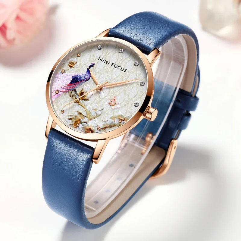 MINI FOCUS 0330 Women\'s Quartz Watch Elegant Peacock Dial Design Female Fashion Leather Strap Ladies Simple Casual Wristwatches