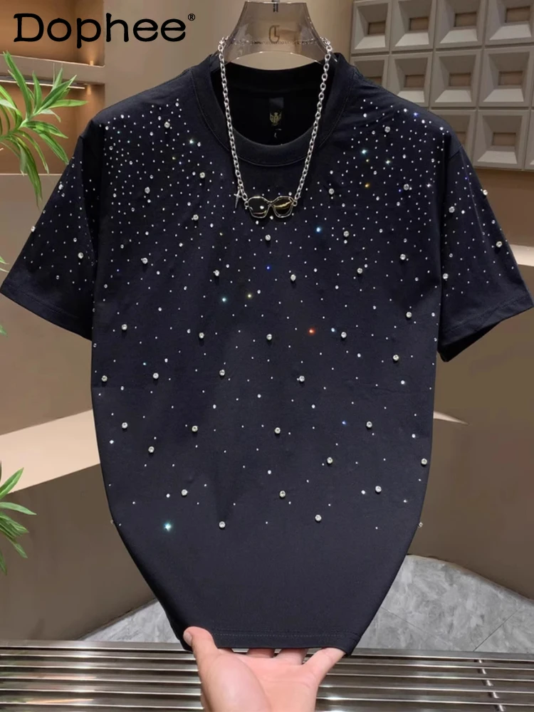 

Men's 2025 Summer New Trendy Fashion Starry Sky Hot Diamond Design Tops Male Round Neck Short Sleeve T-shirts Men's Stylish Tees
