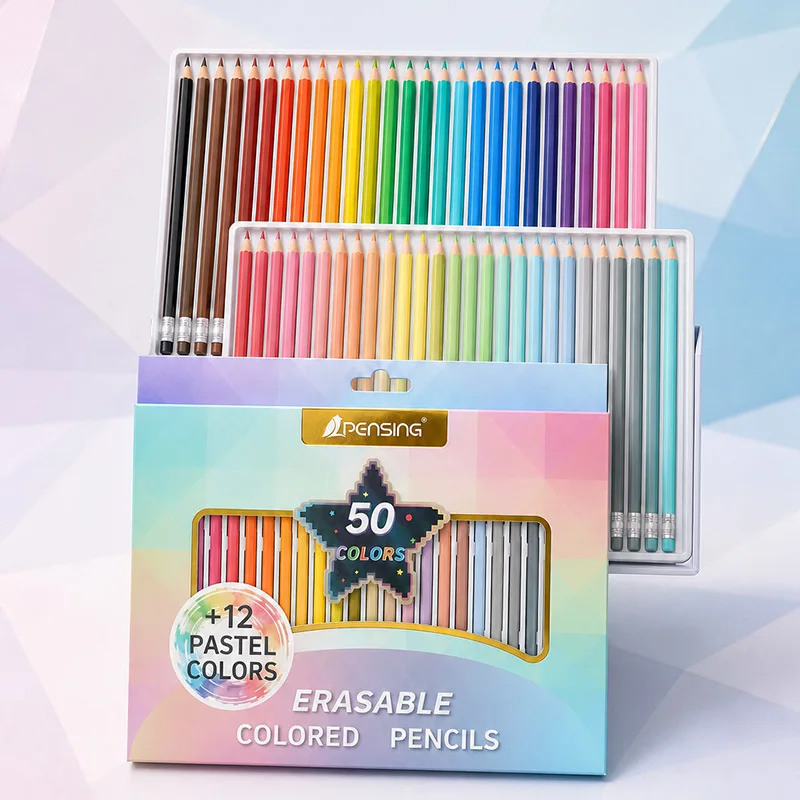 50 Colors Macaron Triangular Colored Pencils with Eraser Tips Erasable Drawing Pencils for Kids School Supplies
