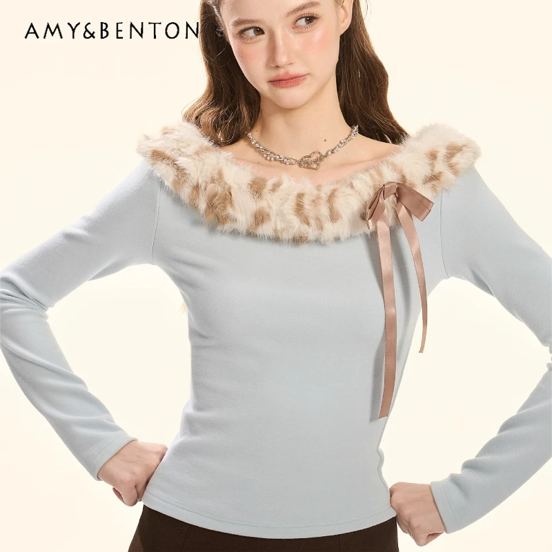 

Retro Design Blue Plush Knitted Leopard Print Fur Collar Women's Pullover Sweater Autumn Winter Sweet Cute Versatile Top Ladies