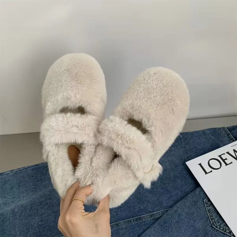Large Size Winter Warm Furry Women's Shoes Cotton Lined Bean Bean Shoes Outdoor Wearable Slip-On round Toe Flat Heel Loafers