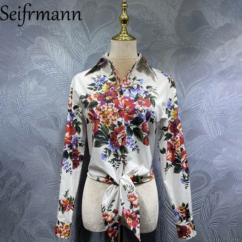 

Seifrmann 2026 Spring Women's New clothing Fashionable lapel Long Sleeve Single breasted Cotton Printed Shirt