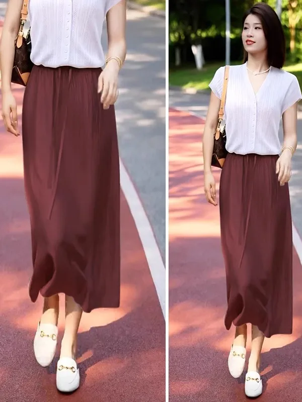 Acetate Satin A-Line Midi Skirt Women Summer New High Waist Drapey Casual Thin Straight Cut Skirts Commute Pure Color