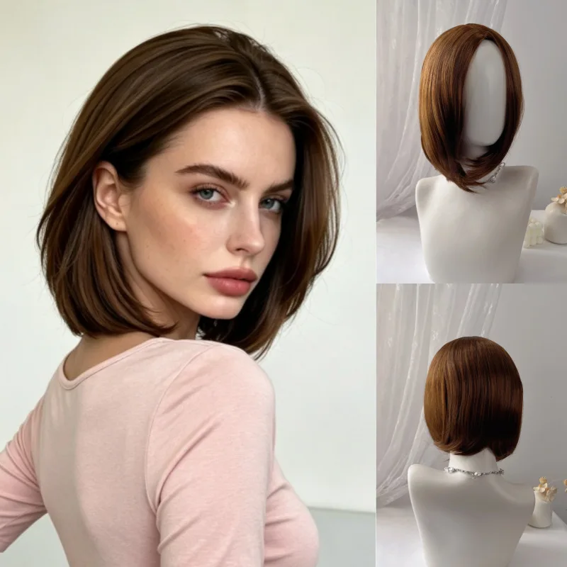 Light brown best-selling short bob-style synthetic wig for Halloween cosplay, everyday use, high-temperature silk wig set