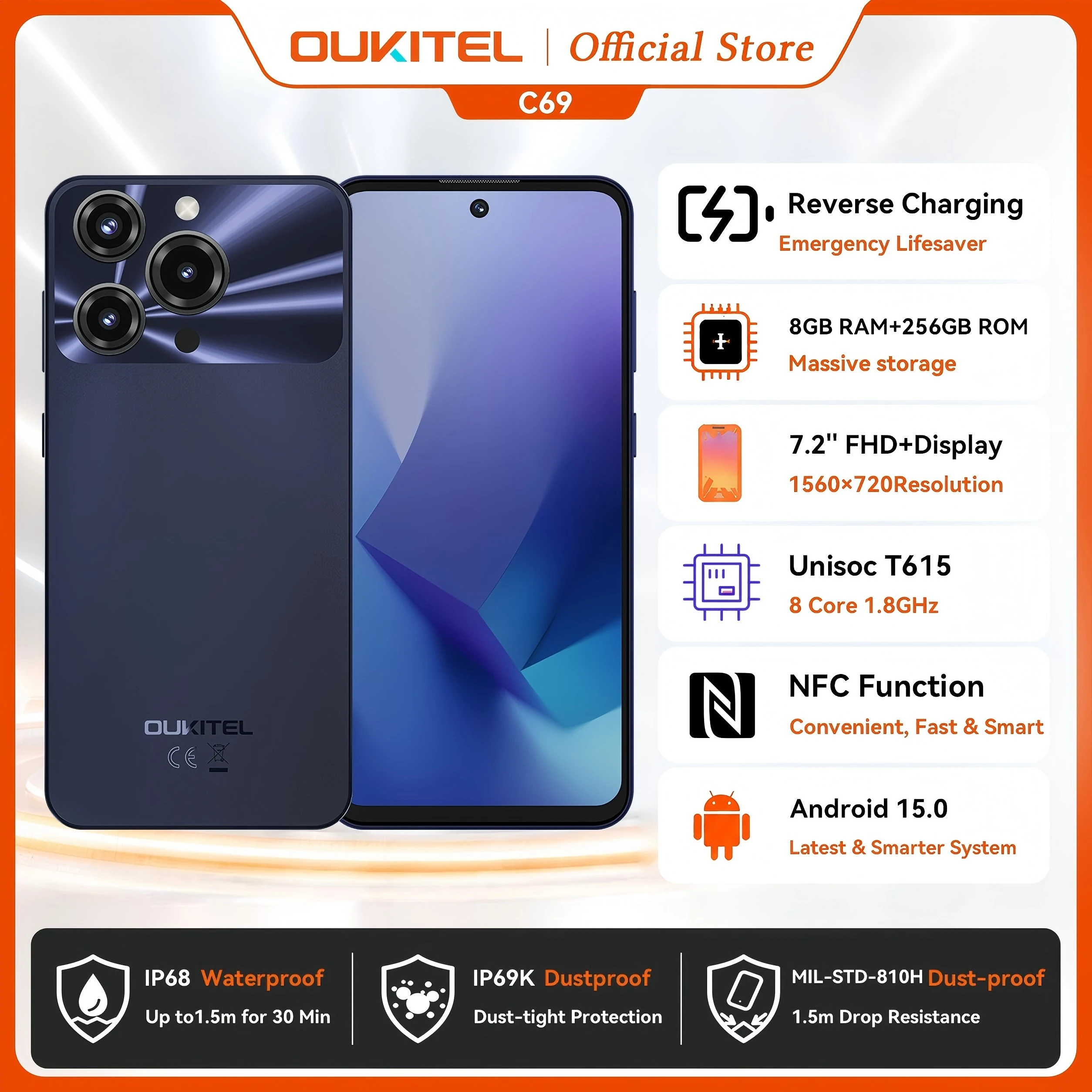 OUKITEL C69 Smartphone 7.2'' 120Hz Display 24GB RAM 256GB ROM Android 15 6000mAh Battery 64MP Camera Unisoc T615 Unlocked Mobile