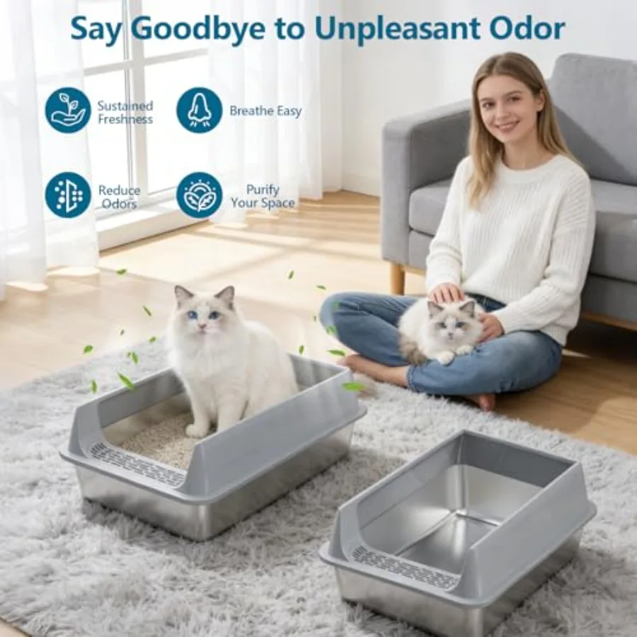 2-Pack XXL XL Stainless Steel Cat Litter Box with High Sides Leak-Proof Drop-Proof Rust-Resistant Non-Stick Odor Control Easy t view 4