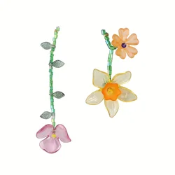 Vedawas Bohemian handmade resin beaded flower earrings, personality asymmetric hand-woven rice beads flower earrings