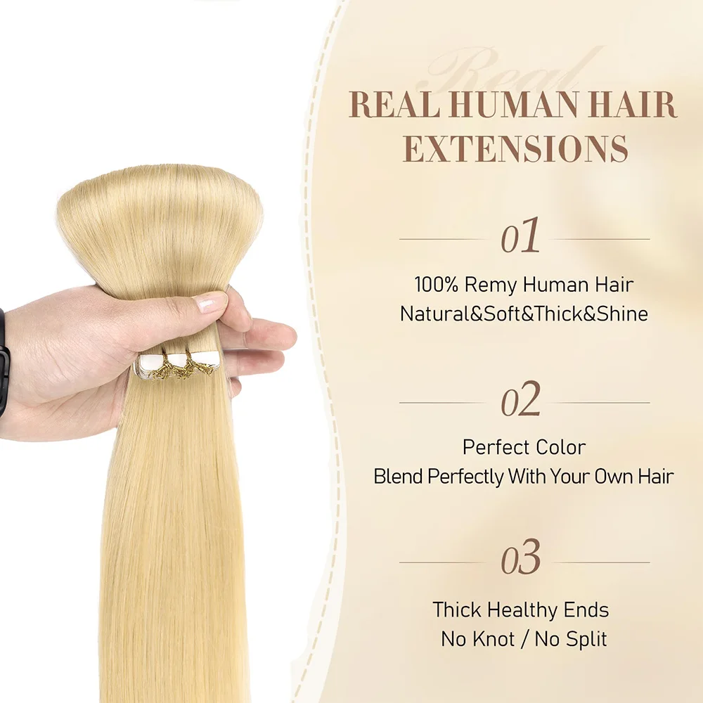 Tape in Hair Extensions Human Hair Seamless Invisible Skin Weft Tape in Extensions Bleach Blonde #613 20pcs 50g For Women Girls