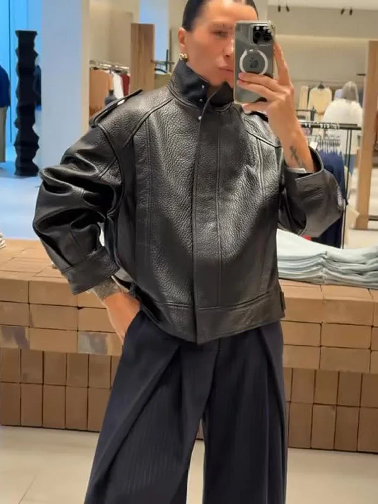 

HH женская шикарная текстурированная кожаная короткая куртка женская осенняя винтажная плиссированная молния с длинными рукавами и лацканами однотонные уличные пальто