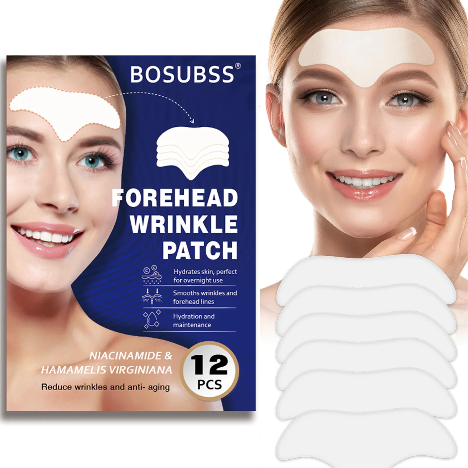 Paquete de 12 parches faciales sin alcohol con colágeno niacinamida, aloe vera para arrugas en las líneas de cejas, adecuados para todo el cuidado de los tipos de piel