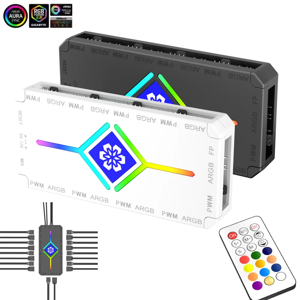 

18 Ports PWM & ARGB Hub Splitter 5V 3Pin LED Strip Controller 12V 4 Pin PWM FAN Connector Remote Control Hub for PC Case Light