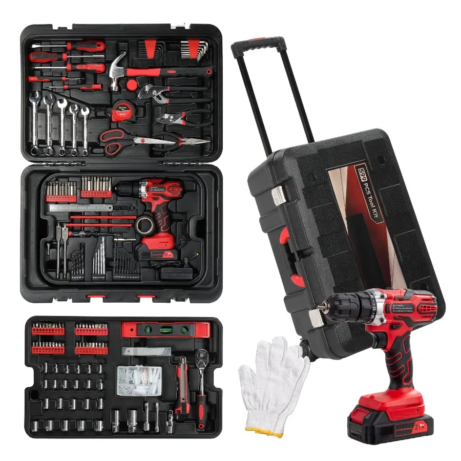 

599pcs Portable Tool Set With Rolling Tool Box, Home Auto Repair Tool Kit Mechanic Tool Set with 21V Max Cordless Power Drill