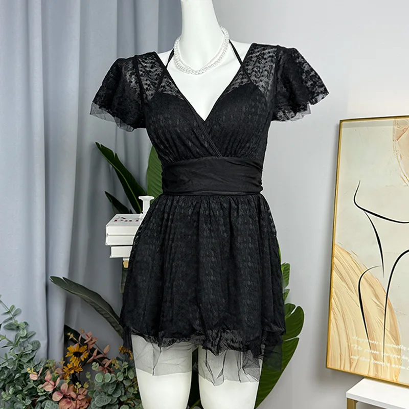 costumi da bagno sexy con stampa in pizzo moda coreana un pezzo halter profondo scollo a V manica corta mini abito culottes bikini costumi da bagno imbottiti