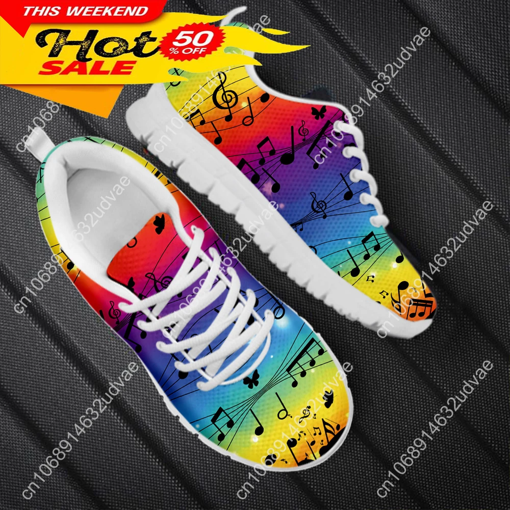 Rainbow Musical Note Print Women Casual Mesh Sneakers Lace Up Flats Shoe Brand Design Light Weight Footwear Zapatos