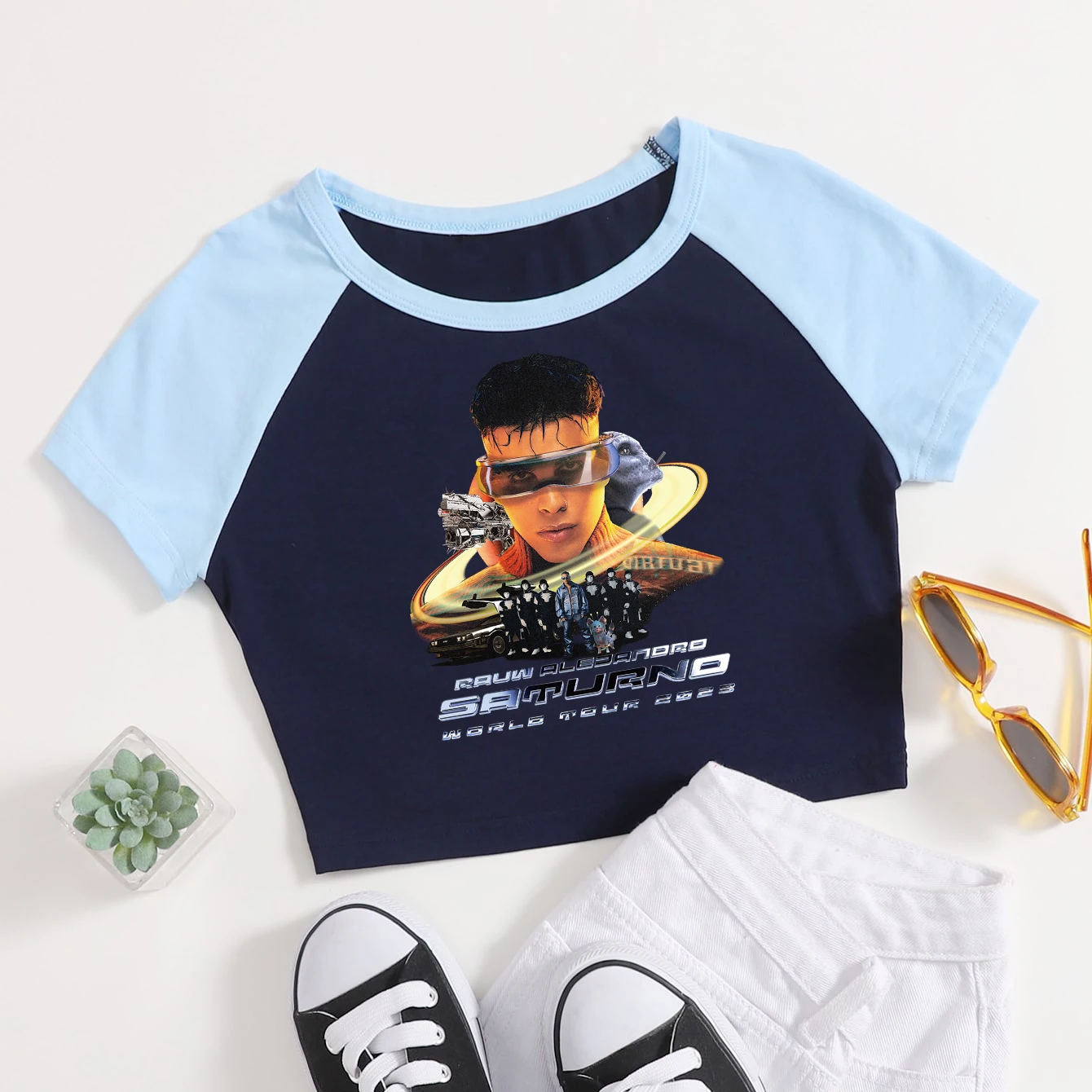 Rauw Alejandro Saturno World Tour Merch Shirt Girls O-Neck Crop T-Shirt Summer Tops