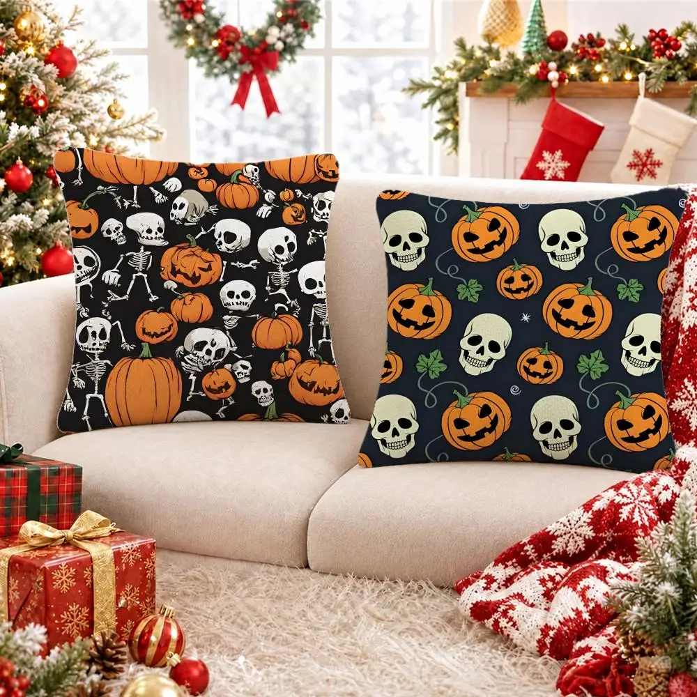 Pattern Halloween Skeleton Cushion Cover Short Plush Pillowcase, Sofa Bedroom Home Decor & Holiday Gift