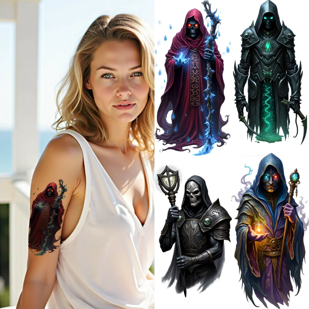 

3pcs Temporary Tattoo Colorful Realism Blue Skull Green Emblem Armor Flaming Scythe For Women Men Thighs