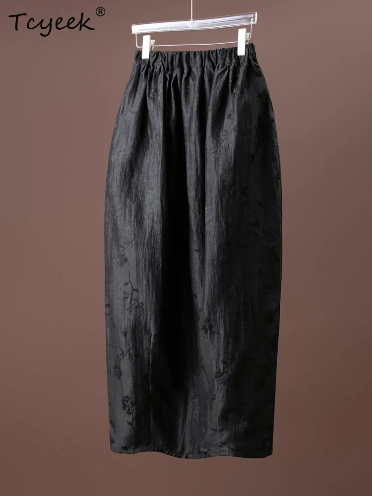 Tcyeek 100 % echter Maulbeerseidenrock, schwarzer Rock für Damen, Vintage-Sommerrock, elegante Röcke für Damen, Jacquard, Юбка Женская