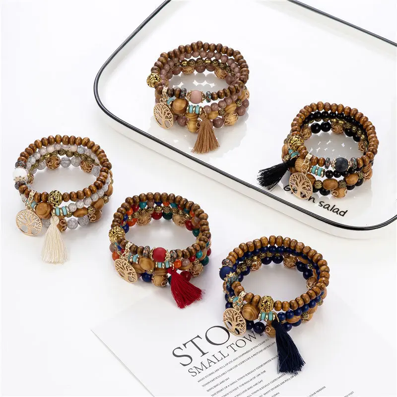 Bohemian multi-layer wooden bead beaded bracelet elastic bracelet direct supply jewelry