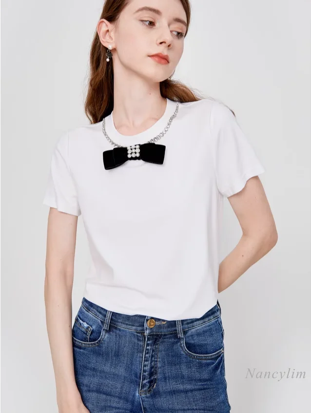 2024 Summer White Tshirt Women's Pearl Shining Diamond Heavy Industry Beads Round Neck Short-Sleeved T-shirt Loose Bow Top