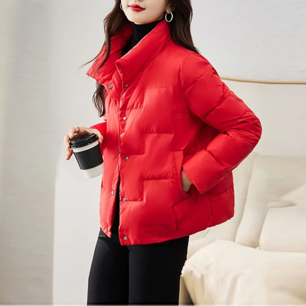 2024 Solid Stand Collar Puffer Jacket Female Autumn Winter Down Jacket For Women Plaid Ultralight White Duck Down Coat Keep Warm