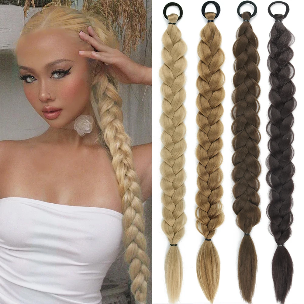 Synthetic Long Twist Braid Ponytail Extensions With Rubber Band 24 Inch Boxing Braided Hair Extensions For Women Daily Use