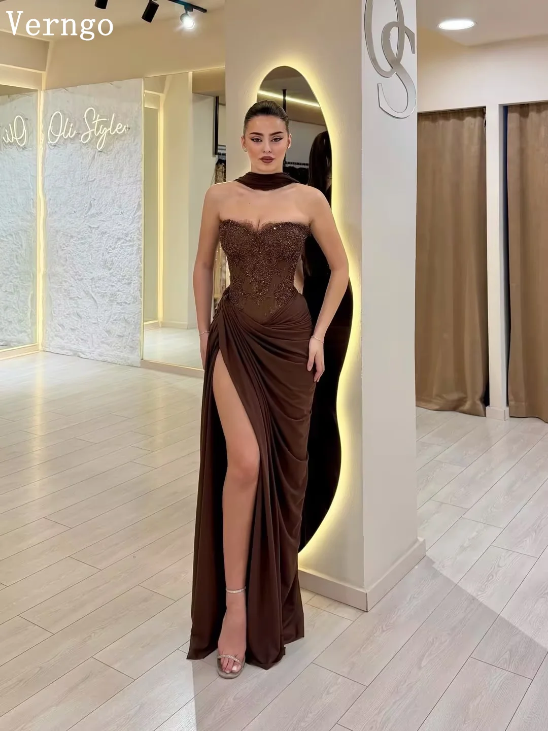 Verngo Brown Chiffon Evening Dress Sequined Strapless Mermaid Side Slit Prom Gowns Women Modern Party Dress Customized image 6