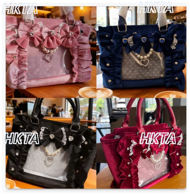 

Japanese Lolita Bags Women Velvet Pearl Bow Rhinestone Pleated Pain Bag Winter New Gorgeous Sweet Lace Backpacks for Women