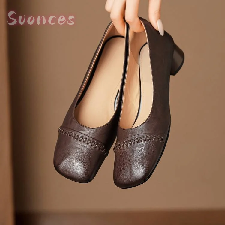 Female Retro Soft Square Rounded Toe Flats Supple Washed Leather Neat Hand Whip Stitch Low Heel Commute Comfortable Footwear
