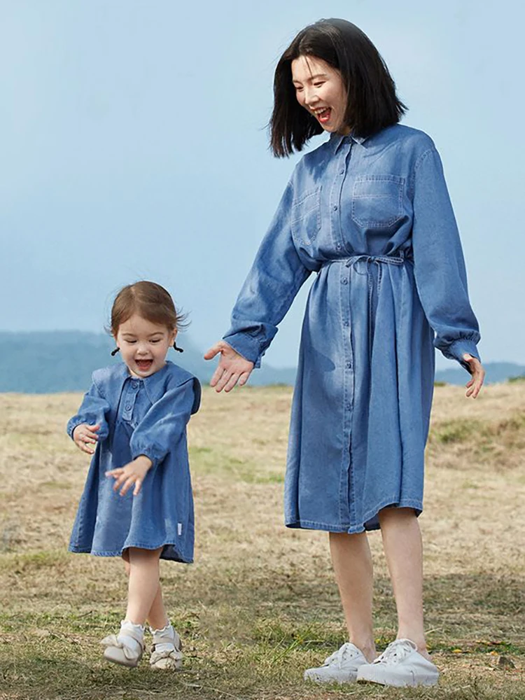 Family Matching Outfits  Denim Dress Mom and Daughter Spring Summer Ruflle Girl Baby Retro Solid Japan Style Dresses Girls