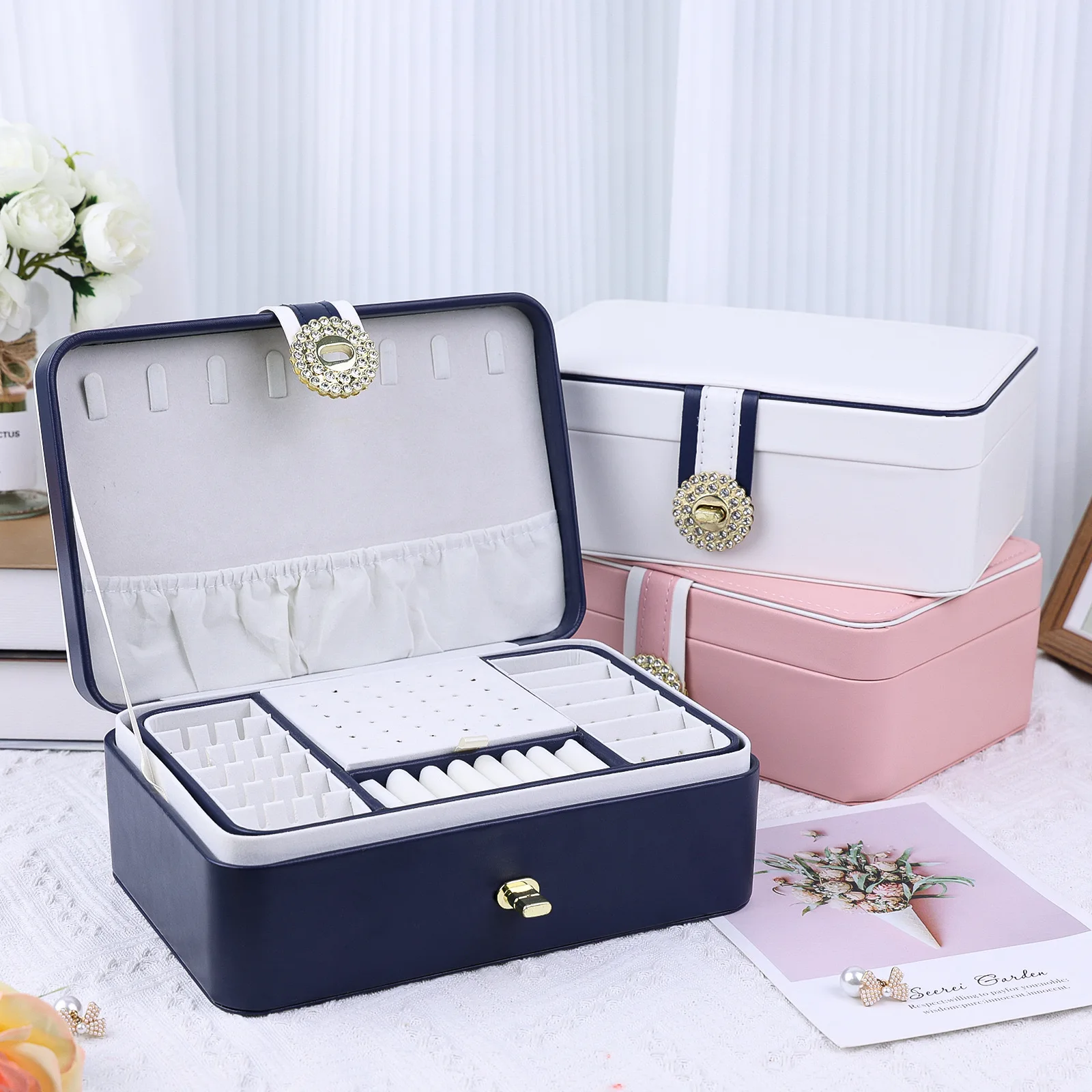 European Multi Layer Jewelry Box Soft Fabric Top Leather Case Display 2 Watch Pillow Antique Retro Brass Lock Large Capacity