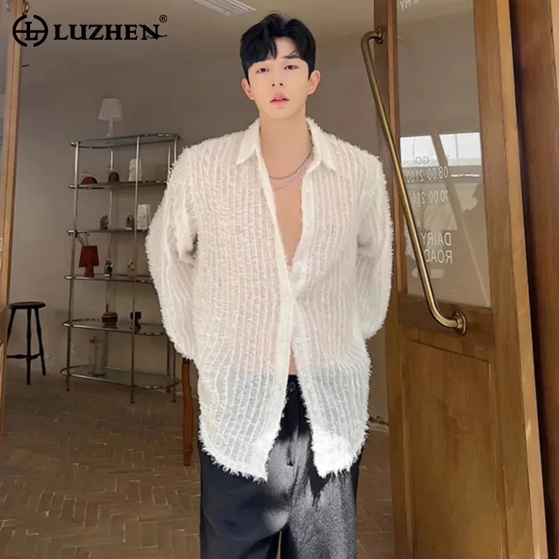 

Мужская рубашка LUZHEN, летняя коллекция 2025, новый дизайн, роскошная, элегантная, повседневная, в корейском стиле, с длинным рукавом, однотонная, JY6024