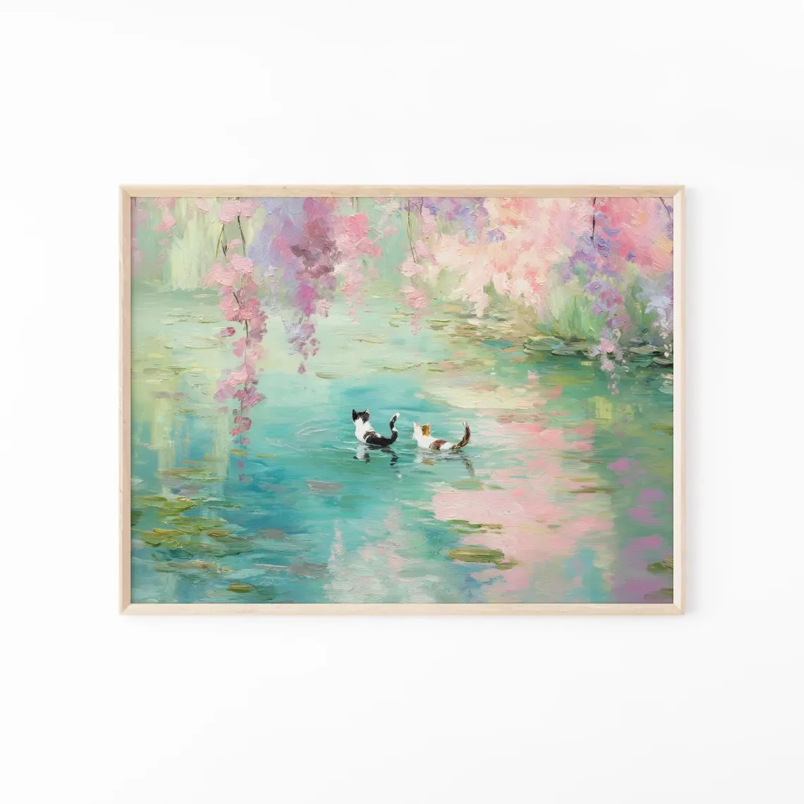 Whimsical Monet Style Cats Wall Print Decor - Dreamy Impressionist  Painting of Two Cats Wading in a Water Lily Pond, Inspire