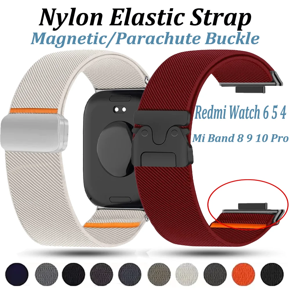 Nylon Elastic Strap for Redmi Watch 6 5 4 Magnetic/Parachute Buckle Bracelet Xiaomi Mi Band 10 Pro 9 8 Pro Sports Band Accessory