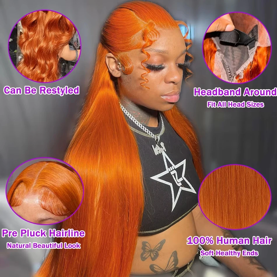 250% HD ดิบ 13x6 ลูกไม้ด้านหน้าขิงสีส้มตรงผมมนุษย์ Wigs 30 36 40 นิ้ว 13x4 โปร่งใสวิกผมลูกไม้ด้านหน้าด้านหน้าสําหรับผู้หญิง