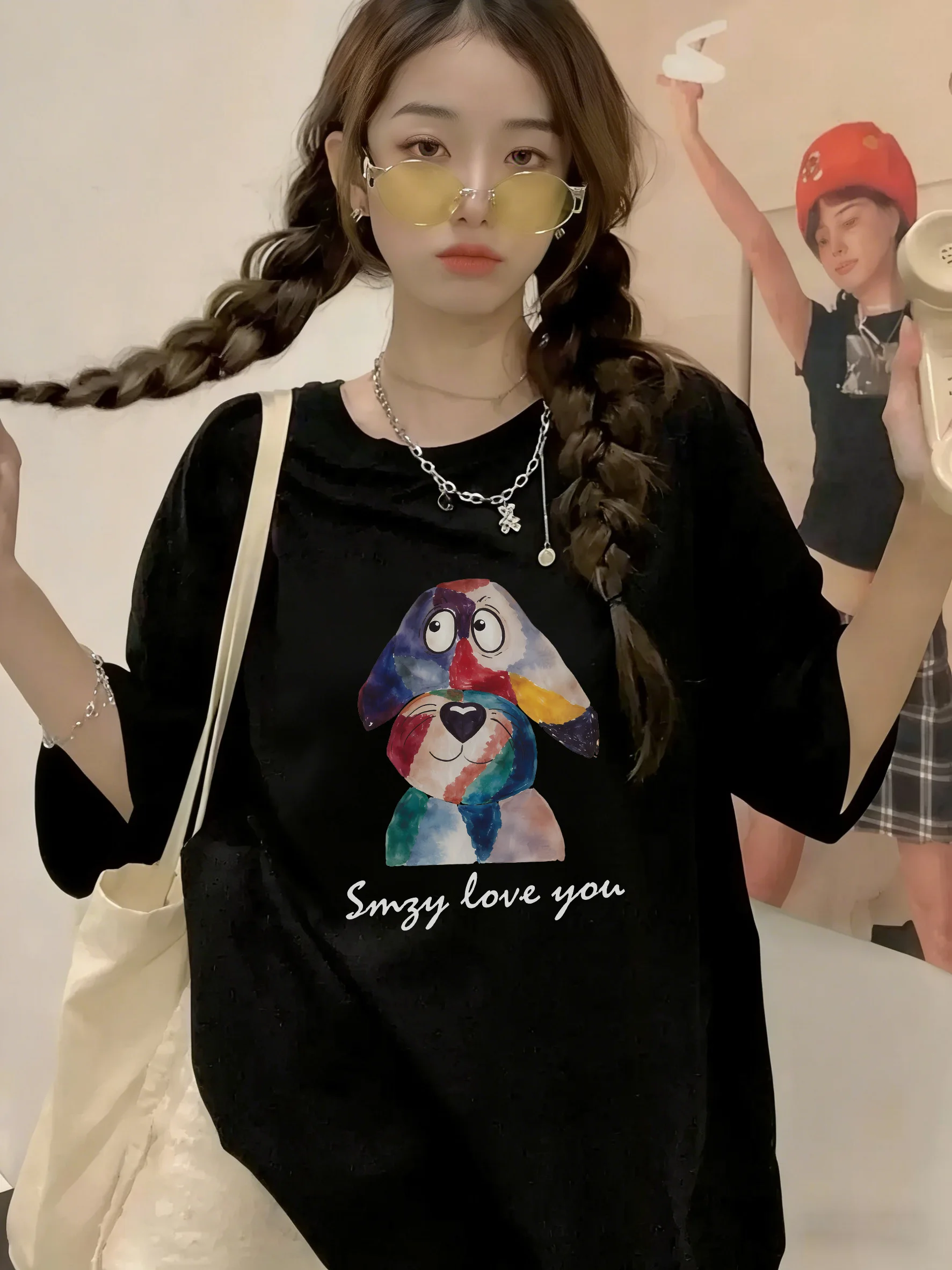 Pure Cotton Black Short Sleeve T-Shirt Women's Summer New Fashion Puzzle  Print Loose Top Breathable Casual round Neck Tee