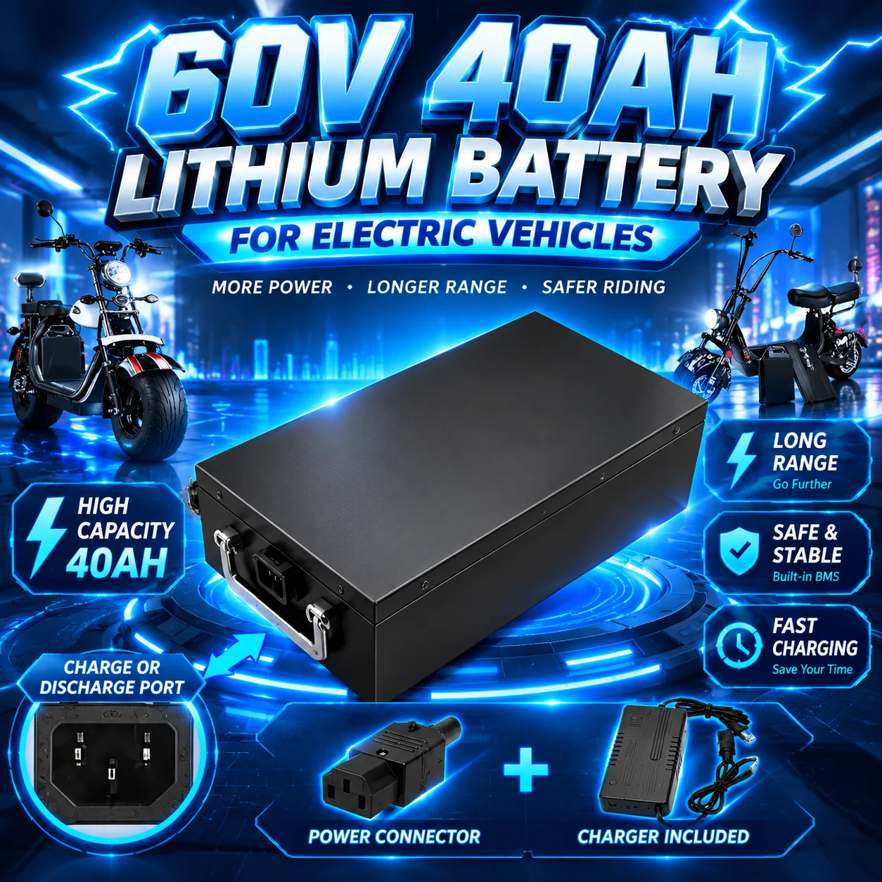 60V 40Ah Lithium-Akku für Elektromotorräder, 2000W Hochleistungsmotor geeignet für Harley Davidson Folding Citycoco Elektroroller, inklusive kostenlosem Ladegerät
