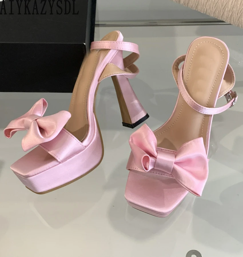 

AIYKAZYSDL 2023 Bowknot Butterfly-Knot Ankle Strap Sandals Platform Silk Satin Ankle Strap Sandals Pink Shoes Pumps Thick Heel