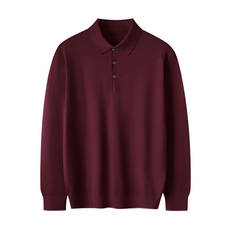 Men's Spring and Summer Thin Polo Neck Classic Knitted Shirt Paired with 100% Ultra-Fine Worsted Wool Long Sleeved Pullover