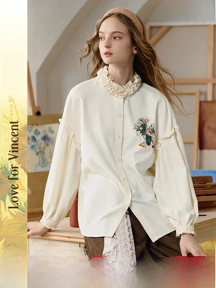 

Artistic Long Sve irt Women's Printed Embroidered Collar Wooden Bordered Casual irt Polyester Fiber Breathable