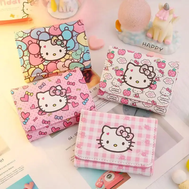 

Girl Pink Hello Kitty Wallet Cartoon Cute PU Folding Leather Bag Girl Velcro Zero Wallet Women's Gift Paper Money Wallet