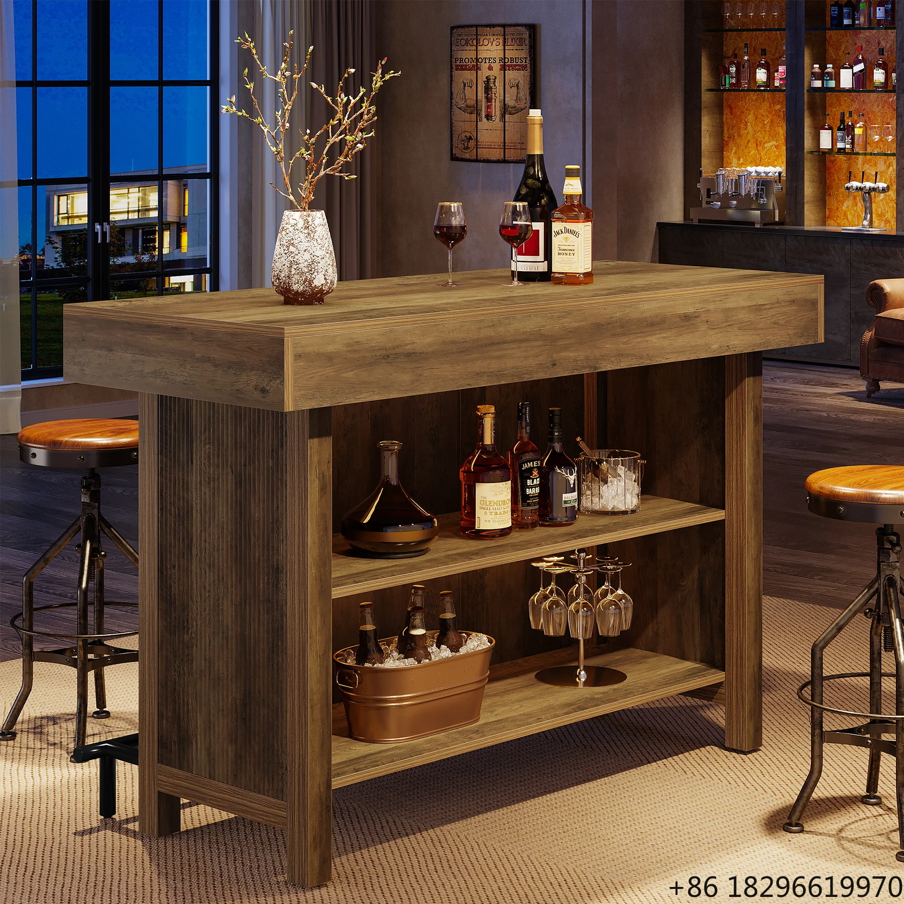 

57.48-Inch Industrial Bar Table 2-Tier Storage Rectangular Home Bar Unit with Metal Footrest