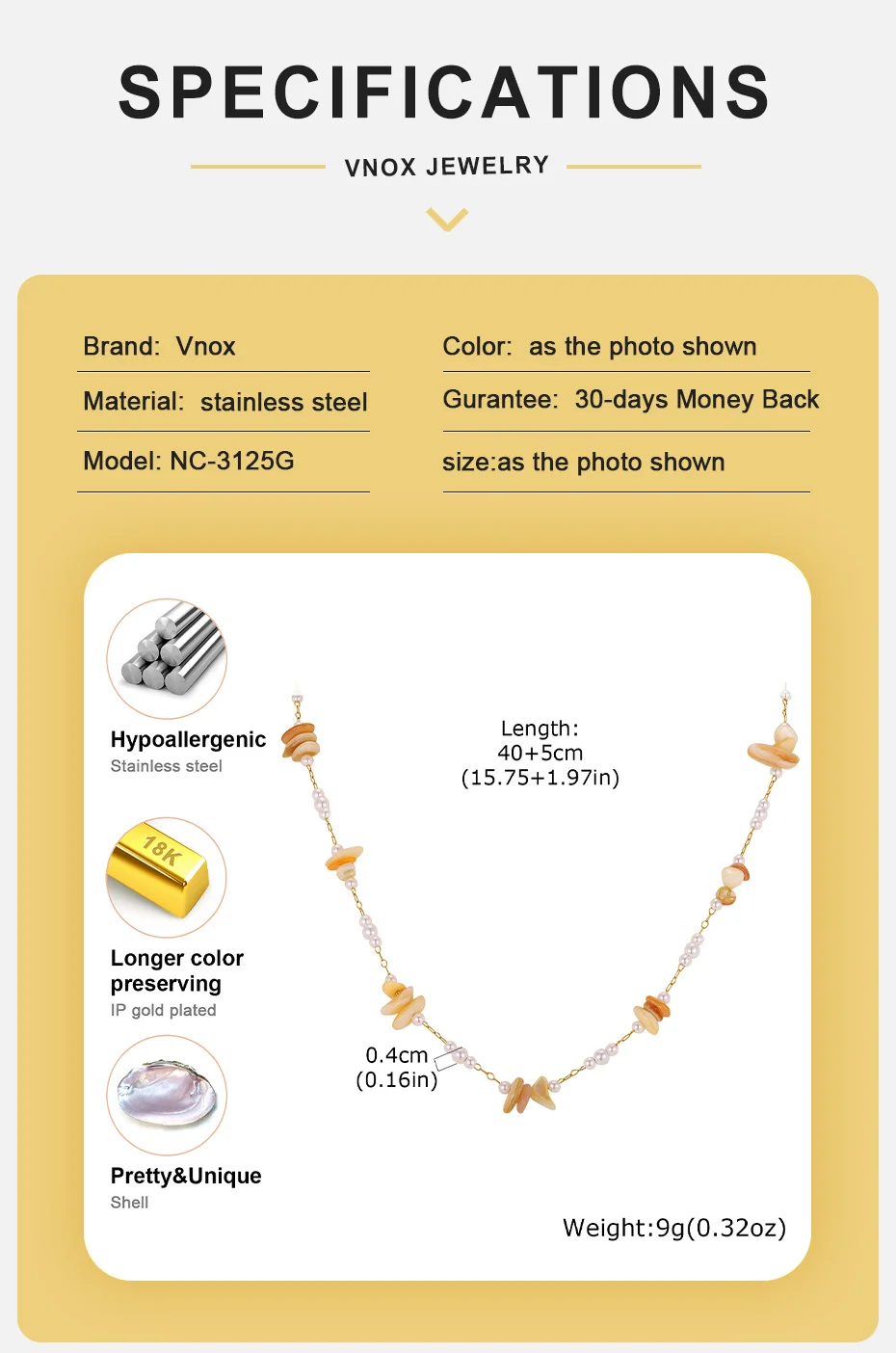 Vnox Boho Unregelmäßige Muschel-Halskette und Fußkette für Frauen, Edelstahl, vergoldet, mit Imitationsperlen, Schlüsselbeinkette, Strand-Schmuck – Detail 4