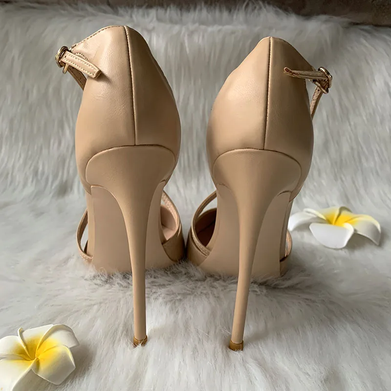 Nude Matte Leather Crossed Straps Pointed Toe Elegant Medium High Heel Evening Dress Shoes Pump Small Plus size 46 Hot On Sale